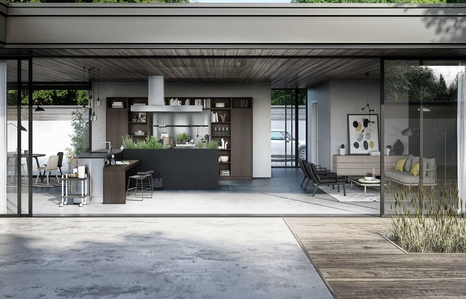 SieMatic Urban SE in graphite oak with stainless steel, L-shaped kitchen island