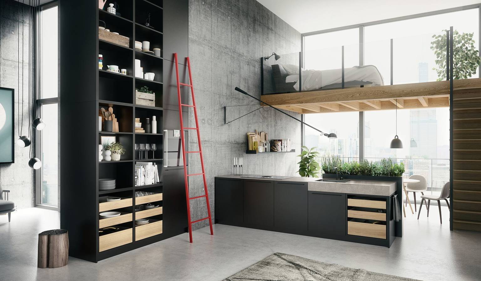 SieMatic Urban SE in graphite grey with ceiling-high shelves, kitchen island and herb garden